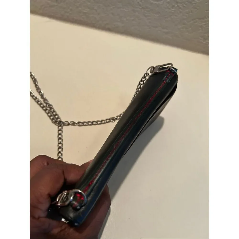 Gucci Bifold Long Wallet Black Leather With Silver Chain Strap Cocktail Party